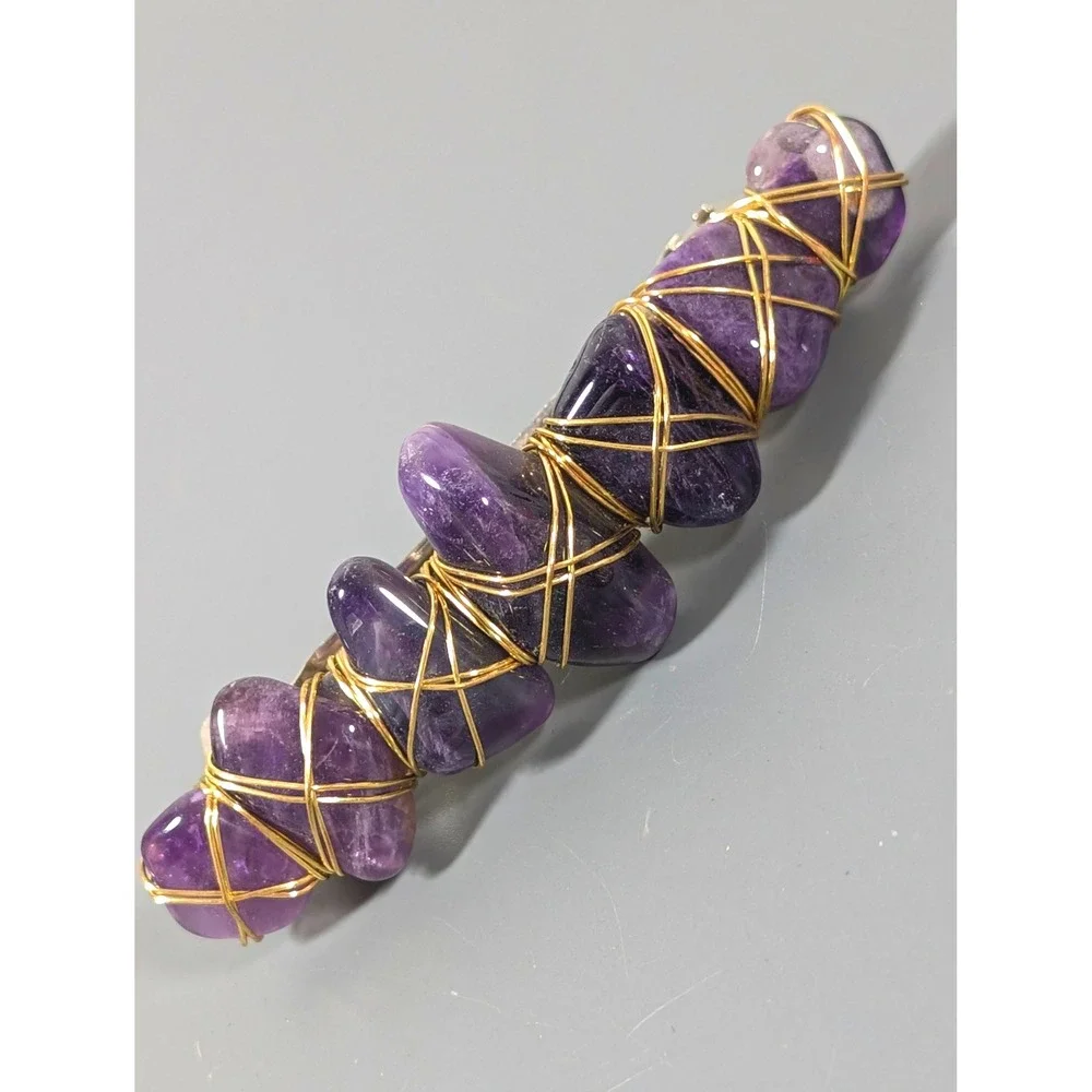 Artisan Purple Gemstone Wire Wrapped Hair Barrette Gold Tone Handmade